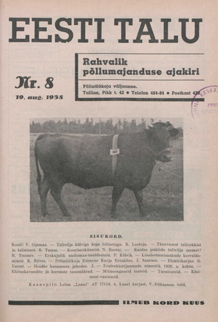 Eesti Talu : rahvalik põllumajanduse ajakiri ; 8 1938-08-19