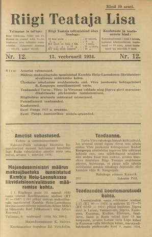 Riigi Teataja Lisa : seaduste alustel avaldatud teadaanded ; 12 1934-02-13