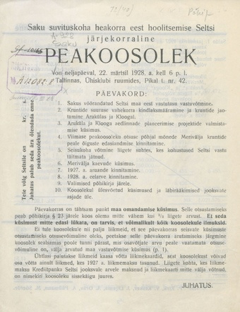 Saku suvituskoha heakorra eest hoolitsemise seltsi 1927 a. aruanne ; 1928-03