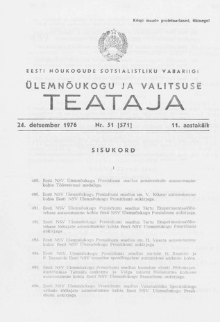 Eesti Nõukogude Sotsialistliku Vabariigi Ülemnõukogu ja Valitsuse Teataja ; 51 (571) 1976-12-24