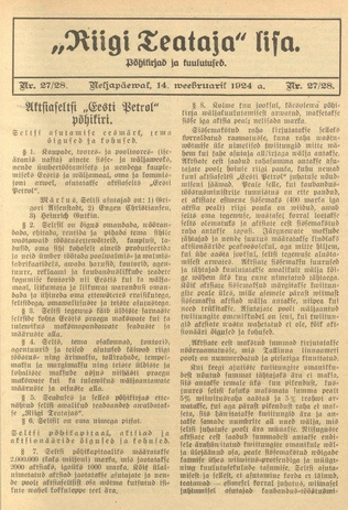 Riigi Teataja Lisa : seaduste alustel avaldatud teadaanded ; 27-28 1924-02-14