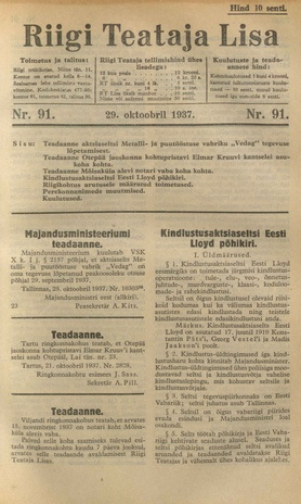 Riigi Teataja Lisa : seaduste alustel avaldatud teadaanded ; 91 1937-10-29