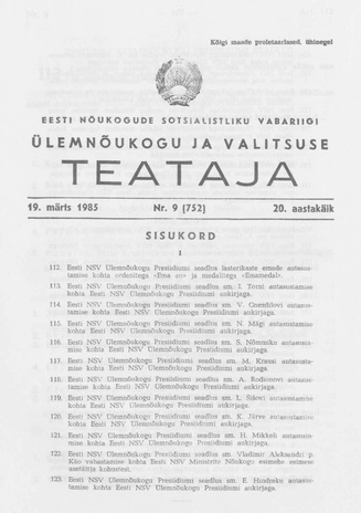 Eesti Nõukogude Sotsialistliku Vabariigi Ülemnõukogu ja Valitsuse Teataja ; 9 (752) 1985-03-19