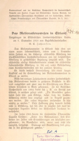 Das Meliorationswesen in Estland : Vorgetragen im Estländischen Landwirtschaftlichen Verein am 6. Sept. 1910