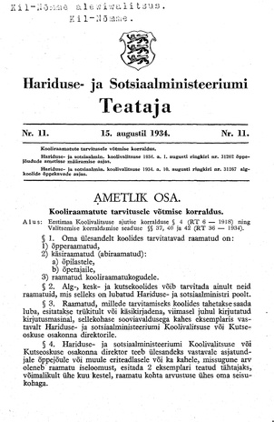 Hariduse- ja Sotsiaalministeeriumi Teataja ; 11 1934-08-15