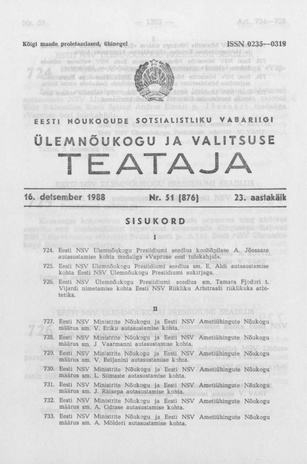 Eesti Nõukogude Sotsialistliku Vabariigi Ülemnõukogu ja Valitsuse Teataja ; 51 (876) 1988-12-16