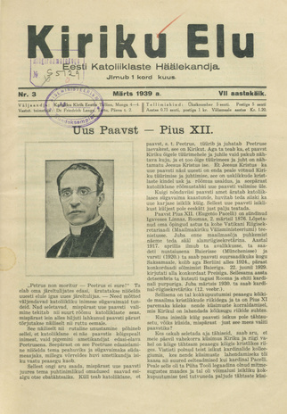 Kiriku Elu : Eesti Katoliiklaste Häälekandja ; 3 1939-03-10
