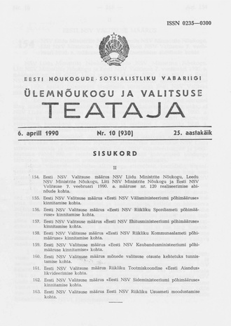 Eesti Nõukogude Sotsialistliku Vabariigi Ülemnõukogu ja Valitsuse Teataja ; 10 (930) 1990-04-06