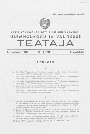 Eesti Nõukogude Sotsialistliku Vabariigi Ülemnõukogu ja Valitsuse Teataja ; 5 (220) 1970-02-04