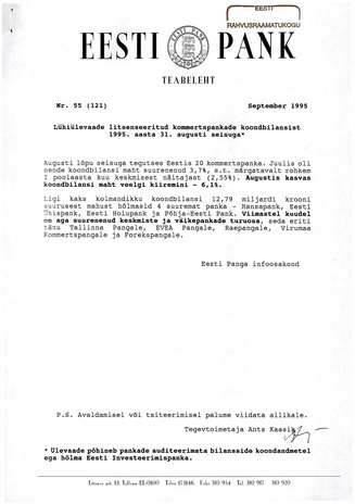 Eesti Pank : teabeleht ; 55 (121) 1995-09