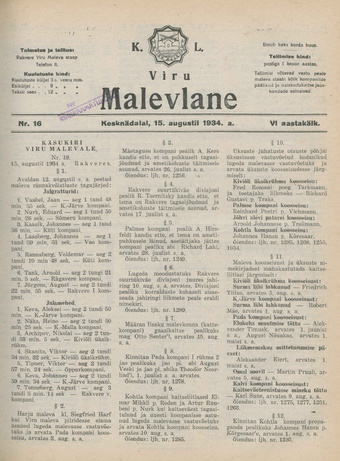 K. L. Viru Malevlane ; 16 1934-08-15