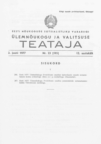 Eesti Nõukogude Sotsialistliku Vabariigi Ülemnõukogu ja Valitsuse Teataja ; 23 (595) 1977-06-03