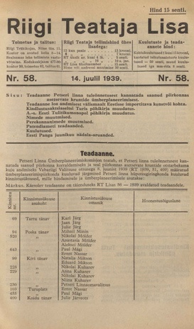 Riigi Teataja Lisa : seaduste alustel avaldatud teadaanded ; 58 1939-07-14