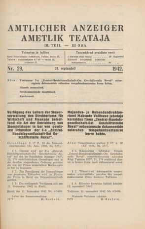Ametlik Teataja. III osa = Amtlicher Anzeiger. III Teil ; 29 1942-09-21