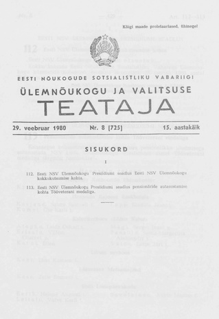 Eesti Nõukogude Sotsialistliku Vabariigi Ülemnõukogu ja Valitsuse Teataja ; 8 (725) 1980-02-29