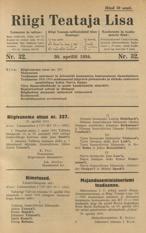 Riigi Teataja Lisa : seaduste alustel avaldatud teadaanded ; 32 1934-04-30