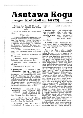 Asutawa Kogu protokoll nr.142 (23) (15. juuni 1920)