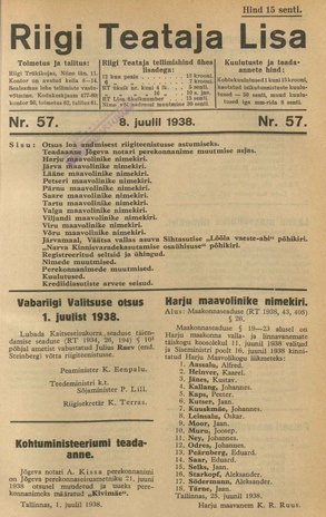 Riigi Teataja Lisa : seaduste alustel avaldatud teadaanded ; 57 1938-07-08