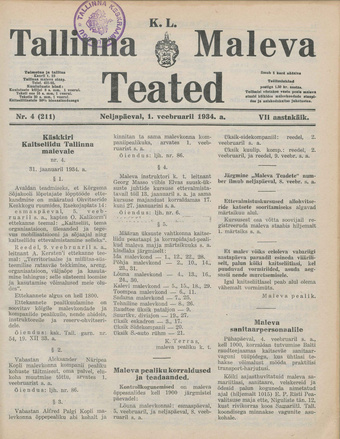K. L. Tallinna Maleva Teated ; 4 (211) 1934-02-01