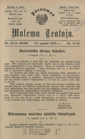 Pärnumaa Maleva Teataja ; 15-16 (89-90) 1932-08-25