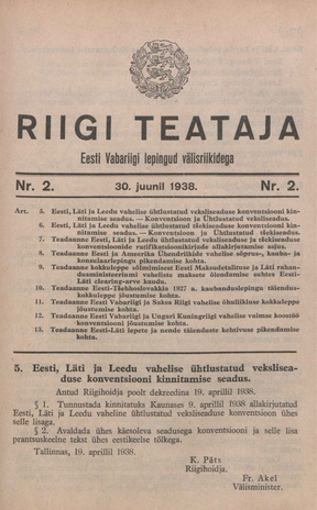 Riigi Teataja. Eesti Vabariigi lepingud välisriikidega ; 2 1938-06-30