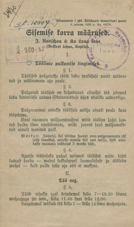 Sisemise korra määrused : J. Raaschou ja Ko Laua laos (Bekkeri tehas, Koplis) : kinnitatud ... 6. nowem. 1923 a.