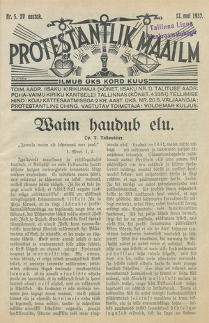 Protestantlik Maailm : Usu- ja kirikuküsimusi käsitlev vabameelne ajakiri ; 5 1937-05-12