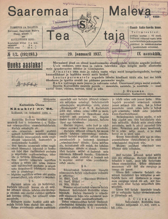 Saaremaa Maleva Teataja ; 1/2 (192/193) 1937-01-29