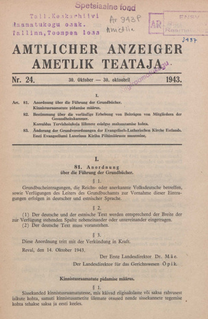 Ametlik Teataja. I/II osa = Amtlicher Anzeiger. I/II Teil ; 24 1943-10-30