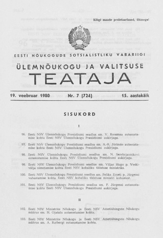 Eesti Nõukogude Sotsialistliku Vabariigi Ülemnõukogu ja Valitsuse Teataja ; 7 (724) 1980-02-19