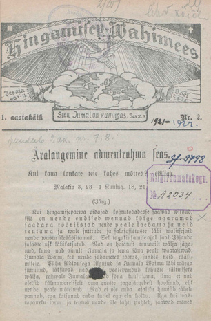 Hingamispäeva Vahimees ; 2 1921