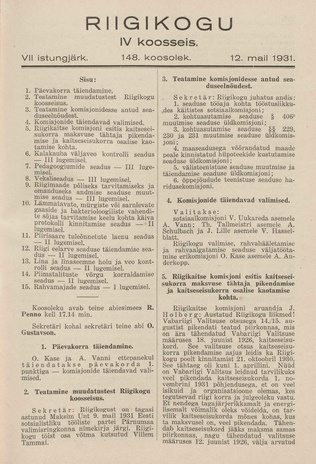 Riigikogu IV koosseis : täielikud protokollid : VII istungjärk : protokoll nr. 148
