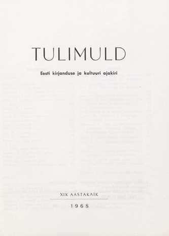 Tulimuld : Eesti kirjanduse ja kultuuri ajakiri ; sisukord 1968