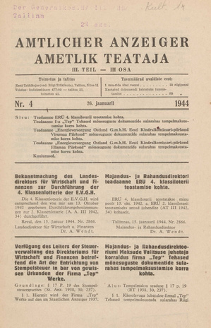 Ametlik Teataja. III osa = Amtlicher Anzeiger. III Teil ; 4 1944-01-26