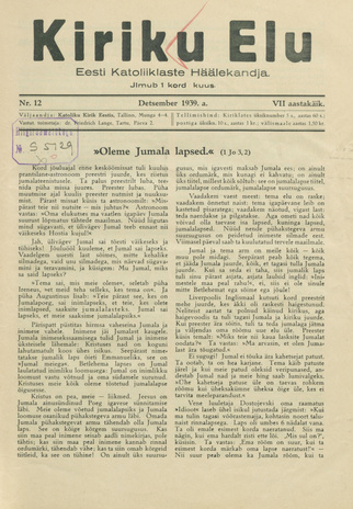 Kiriku Elu : Eesti Katoliiklaste Häälekandja ; 12 1939-12-01