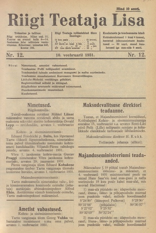 Riigi Teataja Lisa : seaduste alustel avaldatud teadaanded ; 12 1931-02-10