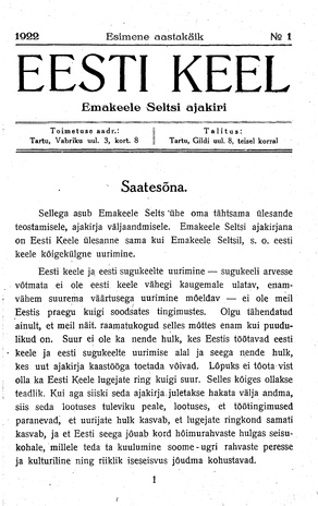 Eesti Keel ; 1 1922