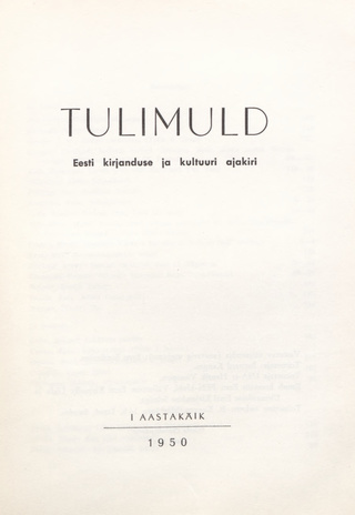 Tulimuld : Eesti kirjanduse ja kultuuri ajakiri ; sisukord 1950
