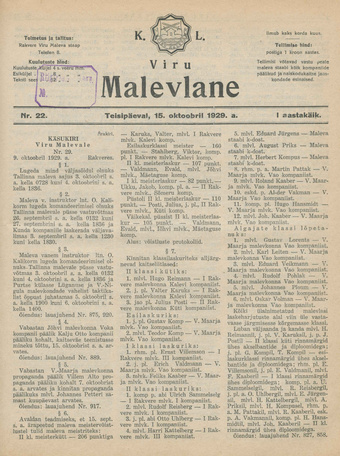 K. L. Viru Malevlane ; 22 1929-10-15