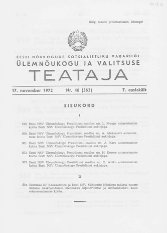Eesti Nõukogude Sotsialistliku Vabariigi Ülemnõukogu ja Valitsuse Teataja ; 46 (363) 1972-11-17