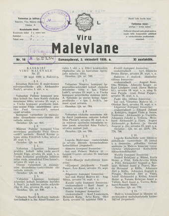 K. L. Viru Malevlane ; 16 1939-10-02