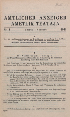 Ametlik Teataja. I/II osa = Amtlicher Anzeiger. I/II Teil ; 8 1944-02-02