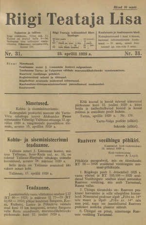 Riigi Teataja Lisa : seaduste alustel avaldatud teadaanded ; 31 1929-04-23