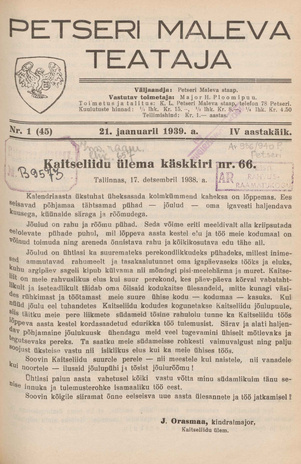 Petseri Maleva Teataja ; 1 (45) 1939-01-21