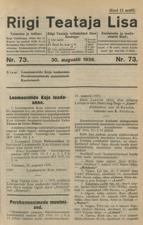 Riigi Teataja Lisa : seaduste alustel avaldatud teadaanded ; 73 1938-08-30