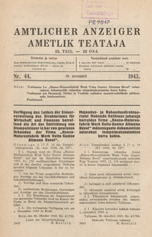 Ametlik Teataja. III osa = Amtlicher Anzeiger. III Teil ; 44 1943-11-10