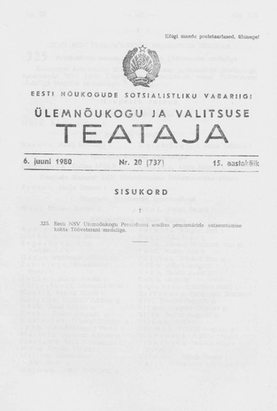 Eesti Nõukogude Sotsialistliku Vabariigi Ülemnõukogu ja Valitsuse Teataja ; 20 (737) 1980-06-06