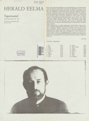 Tagasivaated : litograafiad 1978-1981 : Herald Eelma tööde näitus Tallinna Kunstisalongis, juuni 1981 : näituse kataloog 