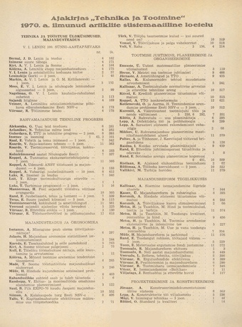 Tehnika ja Tootmine ; sisukord 1970