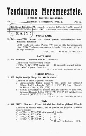Teadaanne Meremeestele : Veeteede Talituse väljaanne ; 12 1940-09-06